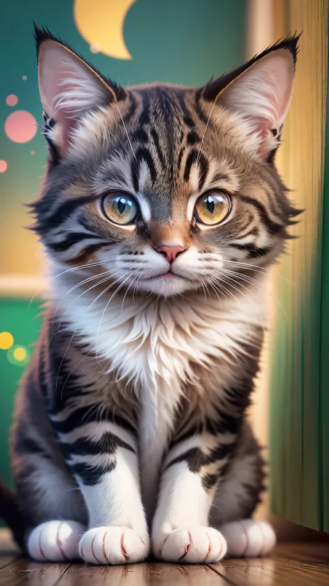 A kawaii cat with a ribbon, posando adorablemente en un fondo blanco. La imagen debe irradiar ternura y encanto. Asegura que el gato sea el punto focal, with sharp details and soft colors. The resolution must be 8K to guarantee the highest quality in a wal...