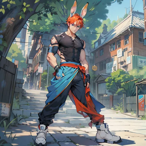 (High resolution, best quality, masterpiece) intricate detail, extremely detailed, full body, (toned body)) athletic body, slender, solo, ((male)), (slim_hunk), young, anthro rabbit man, athlete, red hair, ((bunny ears, bunny tail), rabbit ears, blue eyes,...