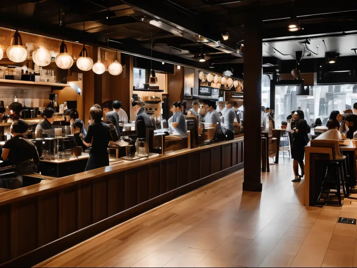 A busy coffee shop during morning rush in a continuous, single-shot setting, echoing the visual style of Birdman, featuring espresso brown, style raw