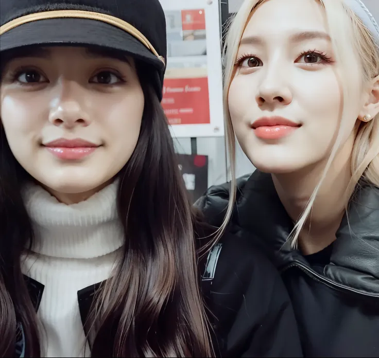 Two women with long hair and hats posing for a photo, jisoo do rosa preto, Jisoo do Blackpink, jossi do rosa preto, Retrato Jisoo Blackpink, Parque Roseanne do Blackpink, rosa preto, duas vezes, Nixeu e Sakimichan, tzuyu de duas vezes, Rostos bonitos, Kim ...