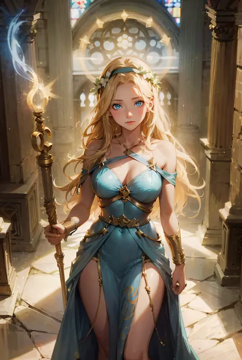 masterpiece, best quality, super detail, Lux from League of legends, full body, solo, standing, 1woman, long hair, blonde hair, hairband), blue eyes, accessories, slit dress, magic staff, in the cathedral, volumetric lighting, halo