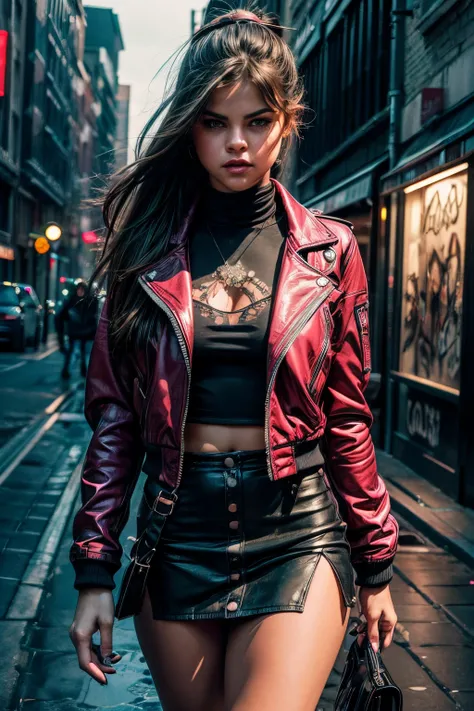 best quality,ultra-detailed,realistic,highres,masterpiece:1.2,sexy,fashion,portrait,colorful lighting,conceptual art,Selena Gomez,walks in the sewer,long hair,ponytail,beautiful detailed eyes,beautiful detailed lips,stylish open jacket,trendy mini skirt,sh...