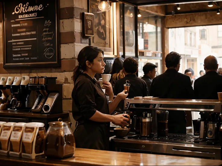 A busy coffee shop during morning rush in a continuous, single-shot setting, echoing the visual style of Birdman, featuring espresso brown, style raw