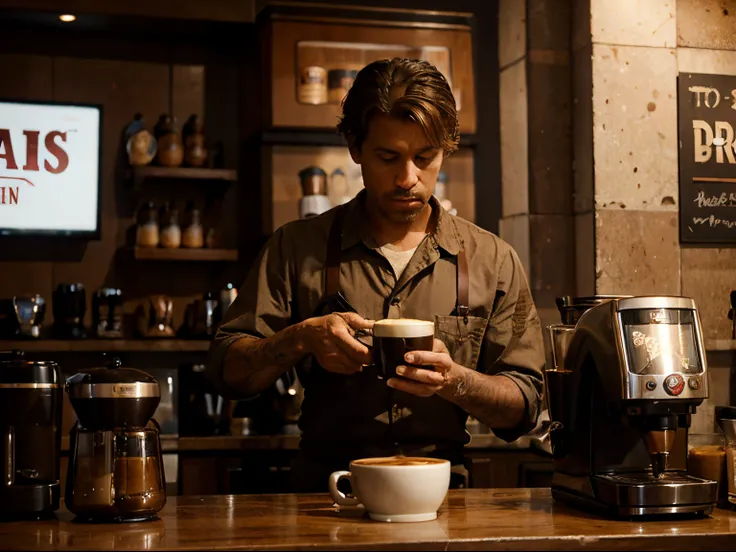 A busy coffee shop during morning rush in a continuous, single-shot setting, echoing the visual style of Birdman, featuring espresso brown, style raw