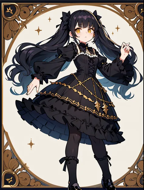 Raven black hair with black bangs that frames her delicate face. Her eyes are vibrant yellowy gold. She has freckles across her cheeks.
Costume: She opts for a Gothic Lolita dress in shades of black and white, with intricate lace and satin ribbons. Her dre...