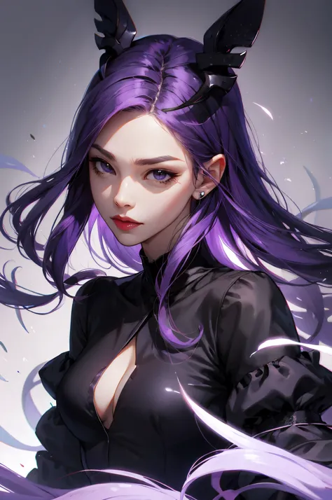 Girl purple hair Black blouse Medium breasts Black eyes Cartoon full body