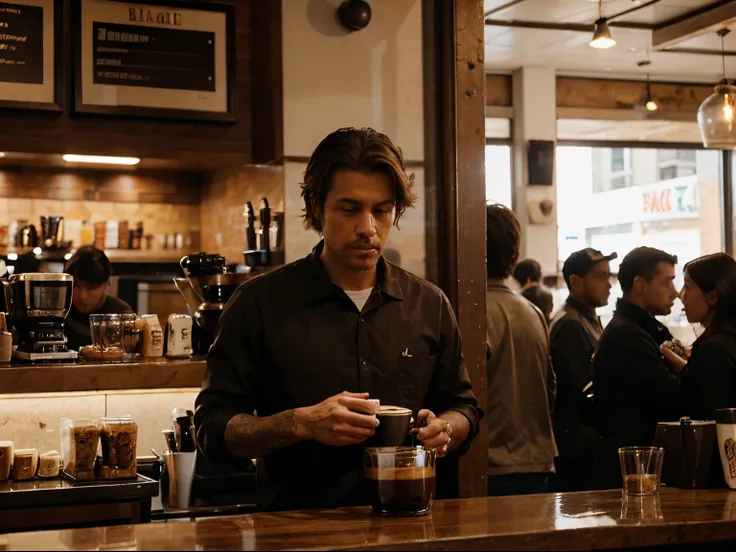 A busy coffee shop during morning rush in a continuous, single-shot setting, echoing the visual style of Birdman, featuring espresso brown, style raw