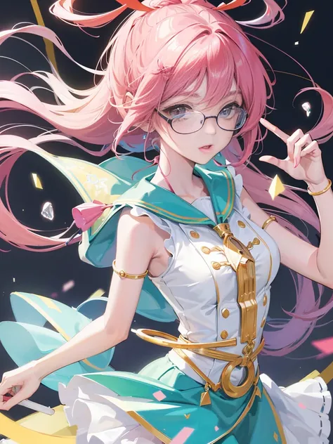 etiqueta, cute anime girl head, estilo de cabelo comprido, wearing glasses, in circle, fundo branco, rosa brilhante, simples, ultra detalhado, desenho detalhado, vectorization, silhueta, 8k, design de adesivo profissional, DESIGN PLANO, linhas vetoriais, e...