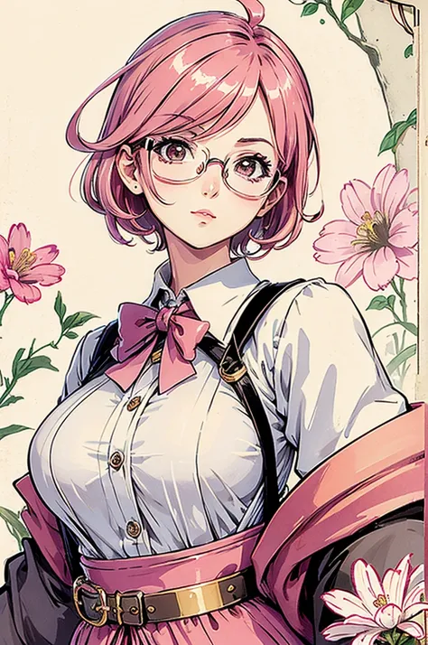 (masterpiece:1.2, best quality), (dinamic lighting) 1lady, solo, short hair, big breasts,  (shiny skin:1.2), upper body, monocle, glasses, modern, wavy pink hair,Suspenders, flower on ear, harajuku style, hair pin, loli ,ahoge