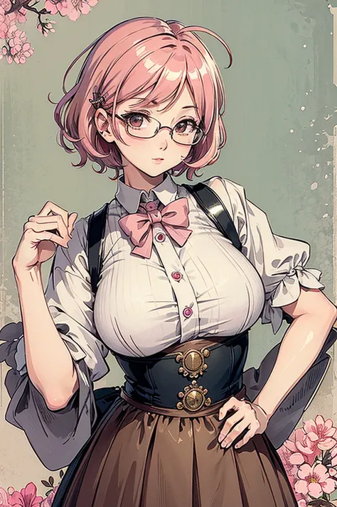 (masterpiece:1.2, best quality), (dinamic lighting) 1lady, solo, short hair, big breasts,  (shiny skin:1.2), upper body, monocle, glasses, modern, wavy pink hair,Suspenders, flower on ear, harajuku style, hair pin, loli ,ahoge