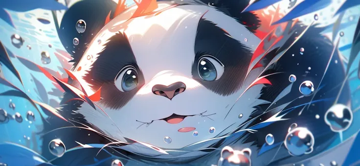 1 panda bonito, Closeup do rosto, retrato, fofa, folhas, Nobodies, underwater, bolhas, bolhas, mais detalhes, cores ricas, sorriso bonito, best quality, 8k, high saturation