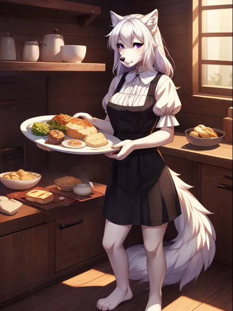 Solo:1.3,  Naomi,  white anthro furry wolf, purple eyes,  dressed as a pilgrim woman, standing in a kitchen, wooden cabin, sexy pilgrim dress, black leg garters, barefoot, 4 toes, by gudlmok99, by fumiko, by hyattlen, holding a bowl of mashed potatoes, pla...