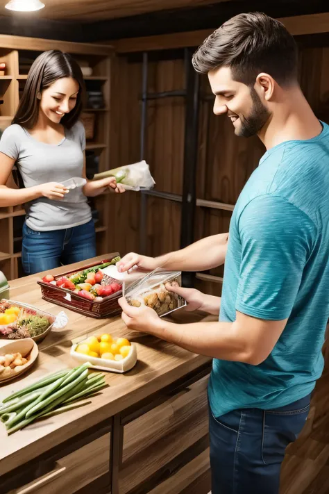 couple preparing survival food kits and storing them in the basement