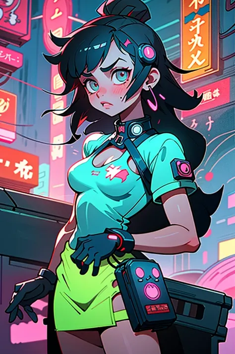 (best quality, masterpiece), 1girl, cyberpunk, neon, cloudy sky, (cartoon:1.5), sexy, string, big breast, tight, petite, small, neon signs, ramen shop