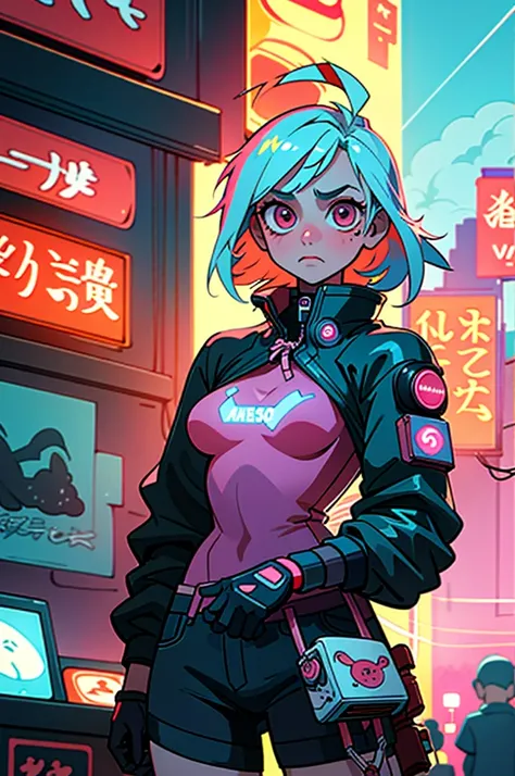 (best quality, masterpiece), 1girl, cyberpunk, neon, cloudy sky, (cartoon:1.5), sexy, string, big breast, tight, petite, small, neon signs, ramen shop