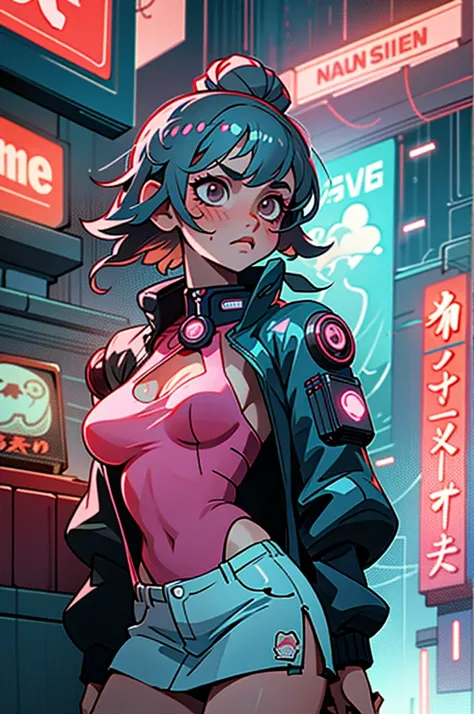 (best quality, masterpiece), 1girl, cyberpunk, neon, cloudy sky, (cartoon:1.5), sexy, string, big breast, tight, petite, small, neon signs, ramen shop