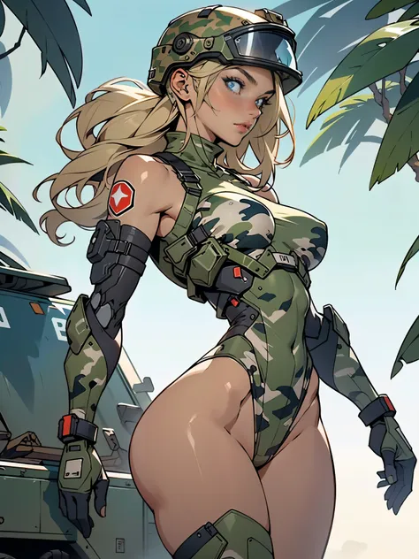 1woman 20 years old, max resolution, sculpted, military, wearing a soldier helmet, beautiful, perfect body, blonde hair, blue eyes, perfect body, thin waist, wide hips, large breasts, slim thighs, jungle background, armored vehicle, military robot, camoufl...