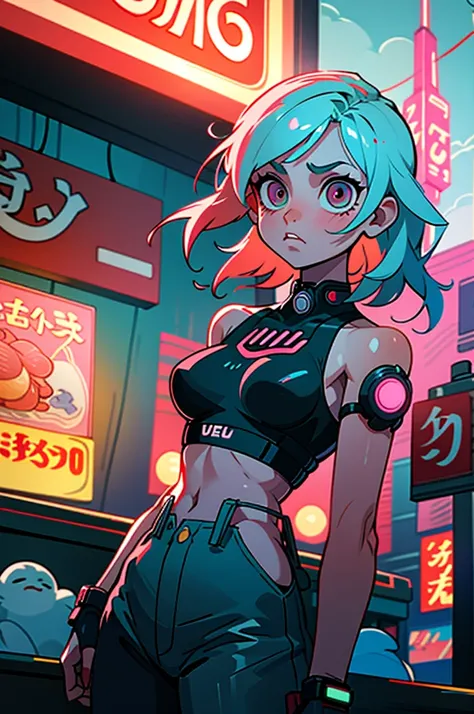 (best quality, masterpiece), 1girl, cyberpunk, neon, cloudy sky, (cartoon: 1.5), sexy, string, big breast, tight, petite, small, neon signs, ramen shop, crop top, fish net, really low waist, transparent,