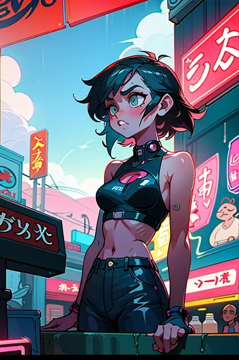 (best quality, masterpiece), 1girl, cyberpunk, neon, cloudy sky, (cartoon: 1.5), sexy, string, big breast, tight, petite, small, neon signs, ramen shop, crop top, fish net, really low waist, transparent,