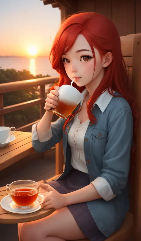 A girl with red hair drinking tea looking at the sunset