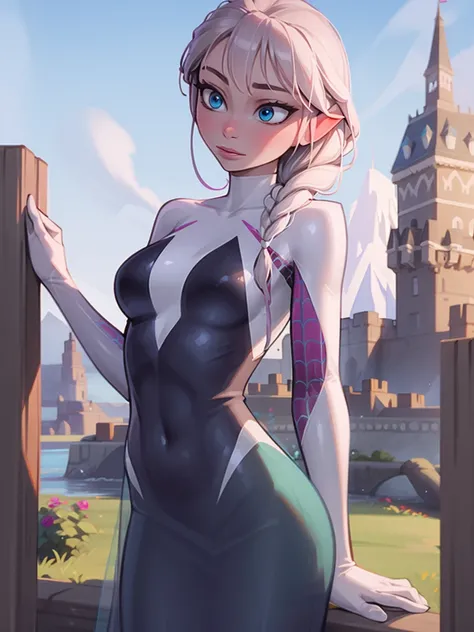 Elsa of arendelle, wearing spidergwen costume, spidergwen costume, elsa of arendelle, blue ice dress, single braid