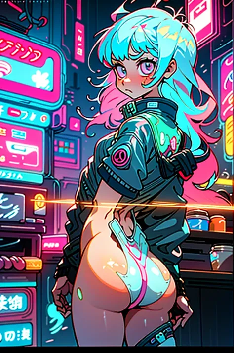 (best quality, masterpiece), 1girl, holo jacket, cyberpunk, neon, fog, (cartoon: 1.5), sexy, thong, big chest, tight, small, small, neon signs, ramen shop, fishnet very low, transparent, very long hair, from the back, ass, bubble butt, string