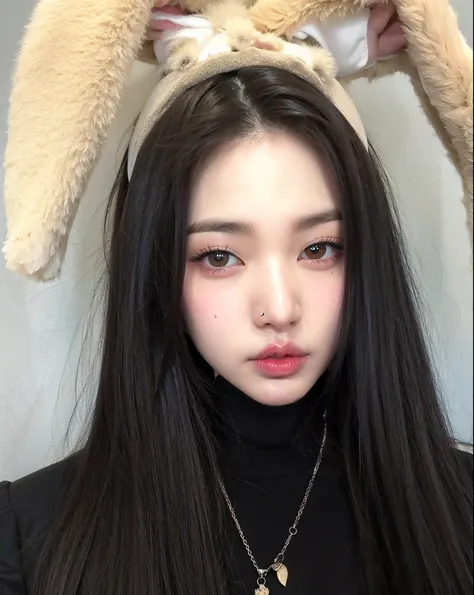 Mujer arafed con cabello largo y negro, con orejas de conejo y un jersey de cuello alto negro., Dulce conejita ultrarrealista, cabello negro y ojos grandes, cruel korean goth girl, south east asian with round face, ulzzang, Sakimichan, con cabello largo y ...