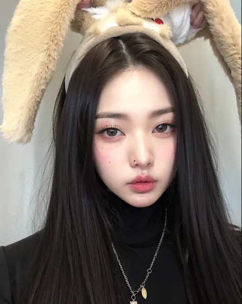 Mujer arafed con cabello largo y negro, con orejas de conejo y un jersey de cuello alto negro., Dulce conejita ultrarrealista, cabello negro y ojos grandes, cruel korean goth girl, south east asian with round face, ulzzang, Sakimichan, con cabello largo y ...