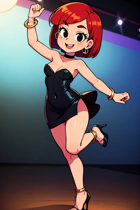 FrankieFoster, FostersStyle, 1 girl, teenage, short red hair, medium hair, bob hair, black eyes, smile, little black dress, strapless dress, skin-tight dress, choker, gold hoop earrings, gold bracelet, black high heels, ballroom, sexy dance poses.