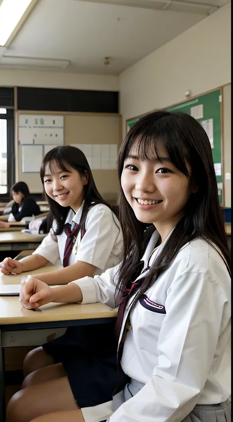 Three Japanese girls in the classroom, 14years, Smile, school uniform Wearing, masutepiece, Best Quality