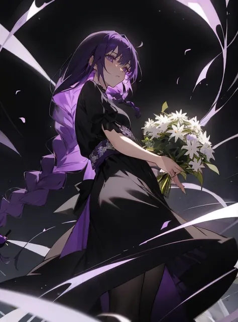 (Top resolution),1womanl,Anime, Purple eyes,Delicate eyes,Sad look,Purple hair,Large braids,long black skirts,Black Dress,Black stockings,holding a bouquet of chrysanthemums in his hand,The background is a cemetery,the original god,Raiden General