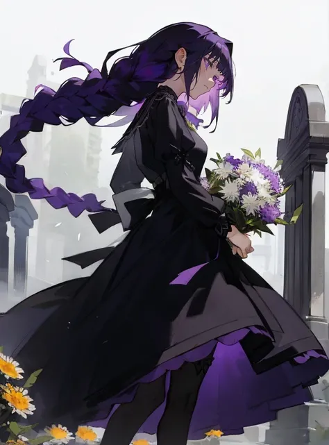 (Top resolution),1womanl,Anime, Purple eyes,Delicate eyes,Sad look,shed tears,Purple hair,Large braids,long black skirts,Black Dress,Black stockings,holding a bouquet of chrysanthemums in his hand,The background is a cemetery,the original god,Raiden Genera...