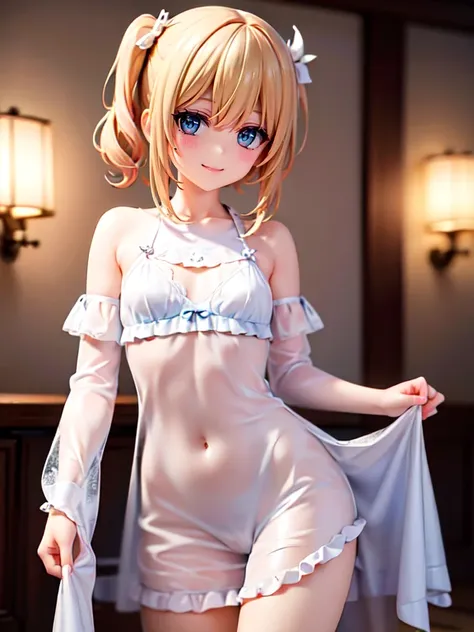 barbara_genshin, A young girl with small breasts in a colored semi-transparent nightgown sleeping on a bead, slender body, perky tits, (((small breasts))), detailed eyes, masterpiece, high details, best quality, HD, Nikon, realism, nsfw, smiling, blonde_ha...