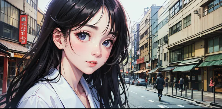 ((best quality))), (((masterpiece))), ((perfect face)),nsfw,One woman, long black hair, in the city, hiding behind a telephone pole, looking at us, embarrassed, curious, unrequited love, Showa era Japan, nostalgic,teasing, bashful,((confesses and runs away...