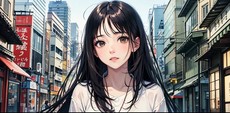 ((best quality))), (((masterpiece))), ((perfect face)),nsfw,One woman, long black hair, in the city, hiding behind a telephone pole, looking at us, embarrassed, curious, unrequited love, Showa era Japan, nostalgic,teasing, bashful,((confesses and runs away...