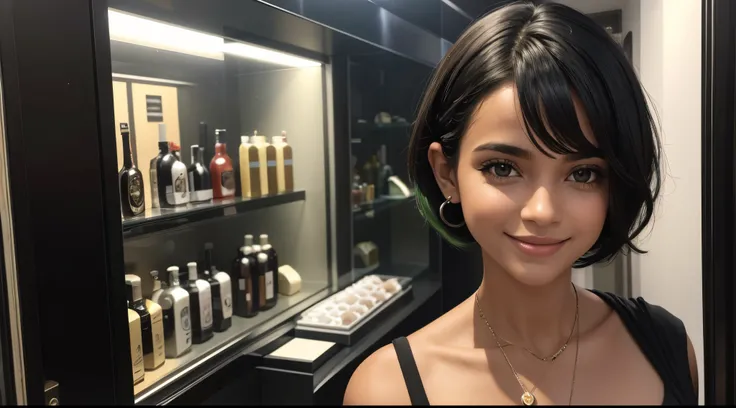 uma jovem de cabelo preto, olhos verdes, short hair up to the shoulders, ela esta olhando uma joia na vitrina da loja, ela esta pensativa e sorridente, ela esta olhando para a joia na vitrine, melhor fotografia, obra prima, 8k, luz cinematografica,