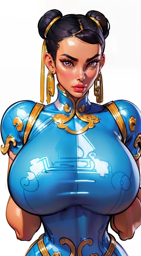 ((masterpiece)),(((best quality))),((character design sheet)),  ((chun_li)), ((full body view))  mature face, (twun hair buns),((middle eastern eyes:1.4)),  (((intricate futuristic breastplate))), defined cheekbones, high cheekbones, illustration, muscular...