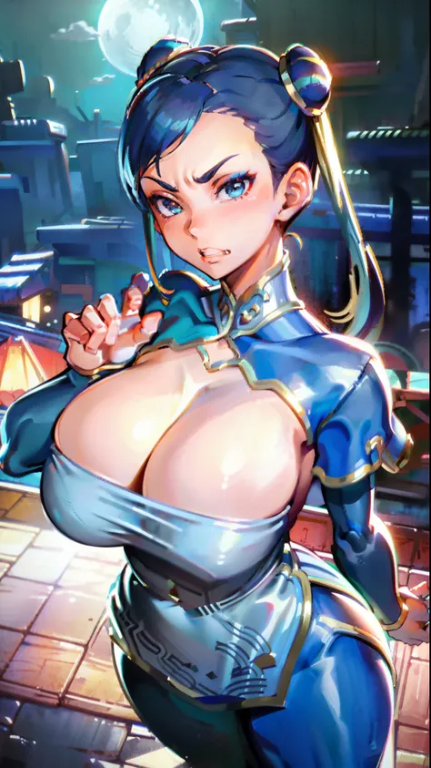 Waifu, masterpiece, curvy, breasts, moon, full moon, gloves, 1girl, clenched teeth, bulma, cleavage, large breasts, teeth, aqua hair, red gloves, tank top, blue eyes, rating:explicit,rule34, hardcore, tits,,clenched hands, punching, night, sky, jumpsuit, p...