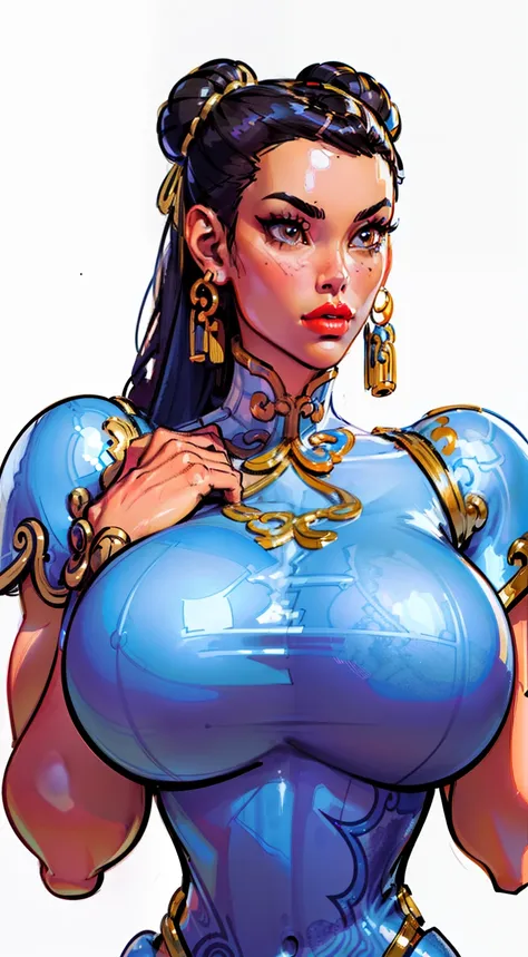 ((masterpiece)),(((best quality))),((character design sheet)),  ((chun_li)), ((full body view))  mature face, (twun hair buns),((middle eastern eyes:1.4)),  (((intricate futuristic breastplate))), defined cheekbones, high cheekbones, illustration, muscular...