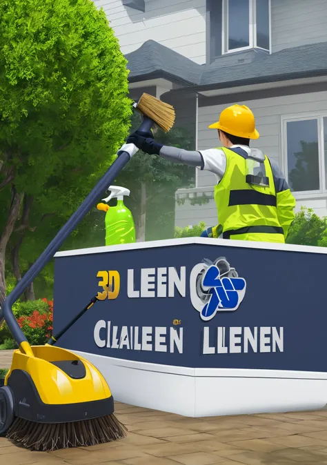 3D Cleaning Company logo with broom, tree and brush named CLEAR KLEEN with Slogan A Touch of Perfection