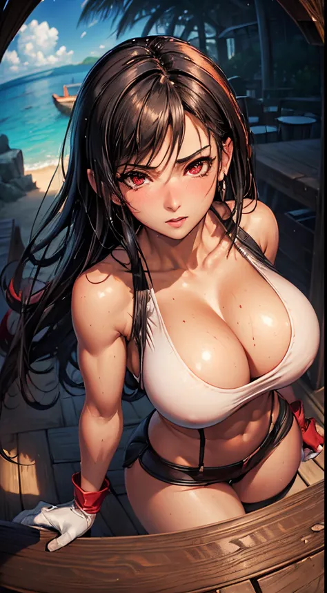 ((hyper realism)), (((flash photography))), (((upper body fisheye photo))), ((((from above fisheye angle)))),( TIFA Lockhart (FF7) ), 1girl, (((skinny perfect girl))), (((face portrait))), perfect model face, oval face, sharp chin, sharp small nose, glossy...