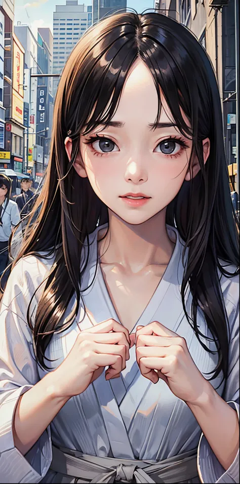 ((best quality))), (((masterpiece))), ((perfect face)),nsfw,One woman, long black hair, in the city, looking at us, embarrassed, curious, unrequited love,  Japan, nostalgic,teasing, bashful,((confesses and runs away)),