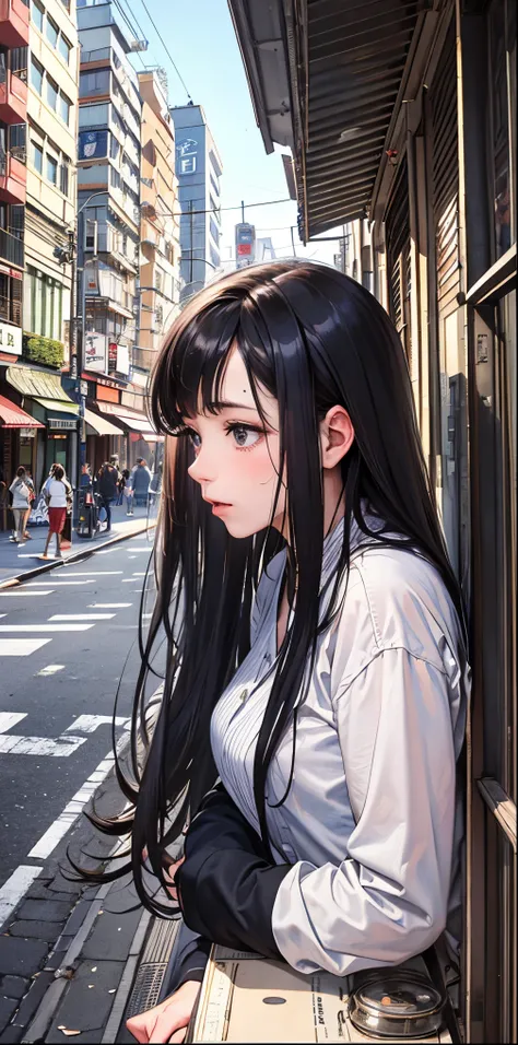 ((best quality))), (((masterpiece))), ((perfect face)),nsfw,One woman, long black hair, in the city, looking at us, embarrassed, curious, unrequited love,  Japan, nostalgic,teasing, bashful,((confesses and runs away)),