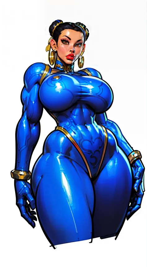 ((masterpiece)),(((best quality))),((character design sheet)),  ((chun_li)), ((full body view))  mature face, (twun hair buns),((middle eastern eyes:1.4)),  (((intricate futuristic breastplate))), defined cheekbones, high cheekbones, illustration, muscular...