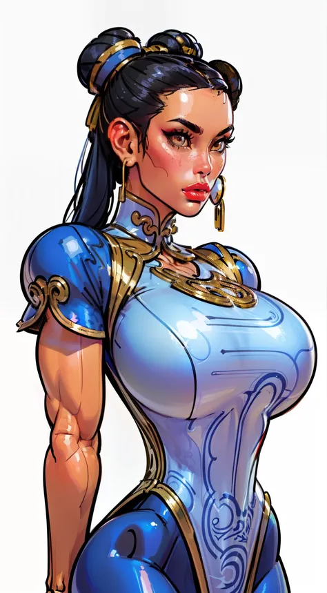 ((masterpiece)),(((best quality))),((character design sheet)),  ((chun_li)), ((full body view))  mature face, (twun hair buns),((middle eastern eyes:1.4)),  (((intricate futuristic breastplate))), defined cheekbones, high cheekbones, illustration, muscular...