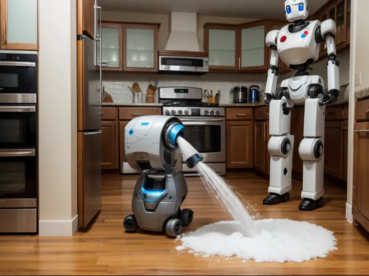 In a world where household chores are done by quirky robots, a clumsy bot spills a bucket of soapy water, causing chaos in a suburban kitchen.