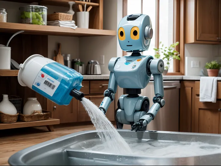 In a world where household chores are done by quirky robots, a clumsy bot spills a bucket of soapy water, causing chaos in a suburban kitchen.