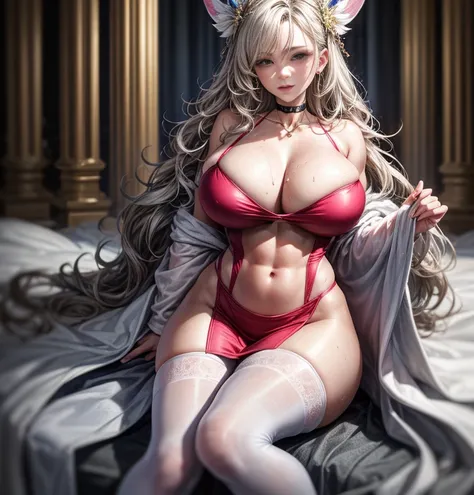 （（wavy white hair）：1.3，beautidful eyes，proporções perfeitas，The eyes are bright，light make-up，choker necklace，ear jewelry，Pink and moist lips），1.sexy wife with，sacred place，Above the throne，Clothes soaked with sweat，Sexy backless white openwork robe，Elegan...