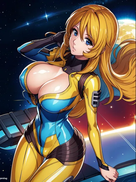 8k, 1girl,space ship,bodysuit,cleavage, night,galaxy, space, huge breasts, holding laptop, looking at viewer, , solo focus, cowb...