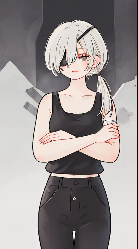 (masterpiece, best quality:1.2), cowboy shot, solo, looking at viewers, 1girl, quanxi, expressionless, jig eyes, closed mouth, looking at viewer, crossed arms, ponytail, eyepatch, black tank top, black pants, pale skin